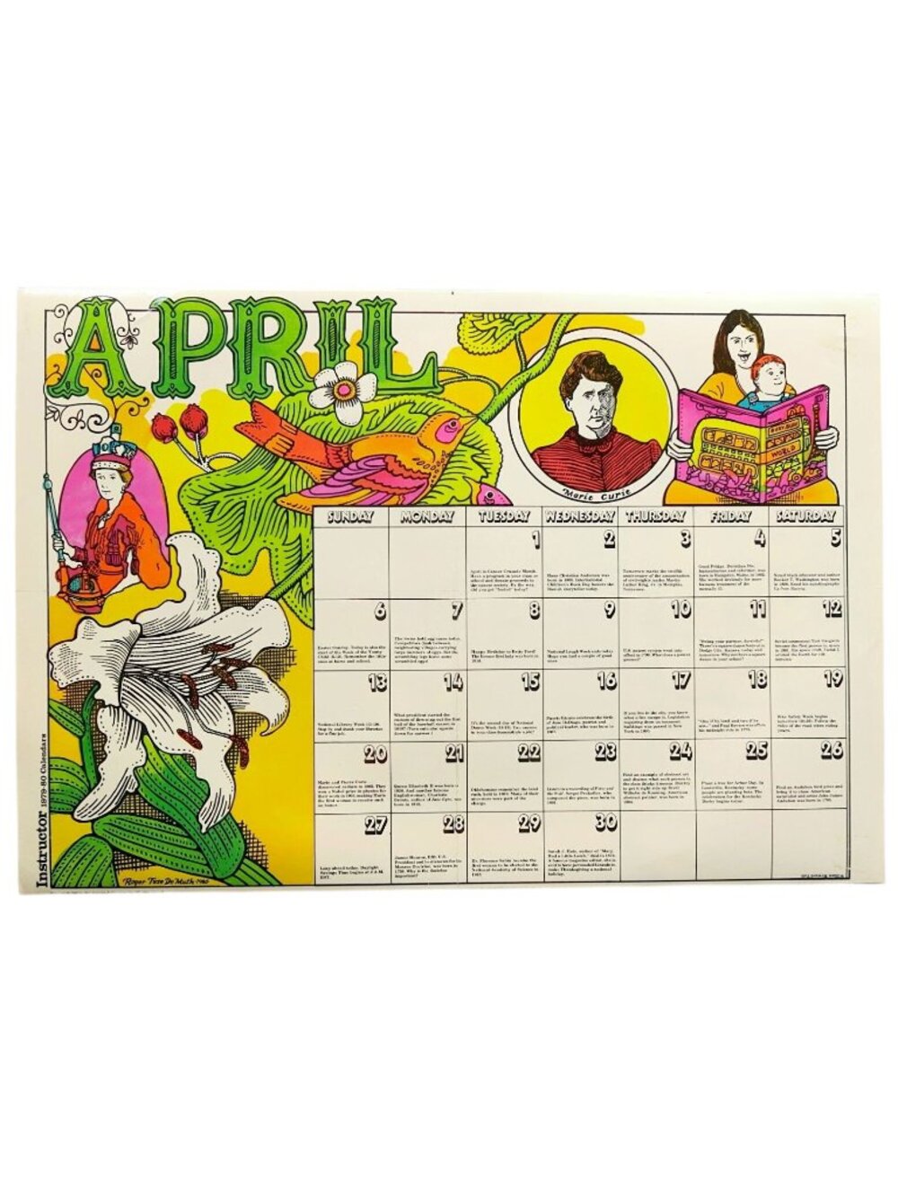 April 1980 Instructor Calendar & Sea Anemone Poster – Roger De Muth – Laminated